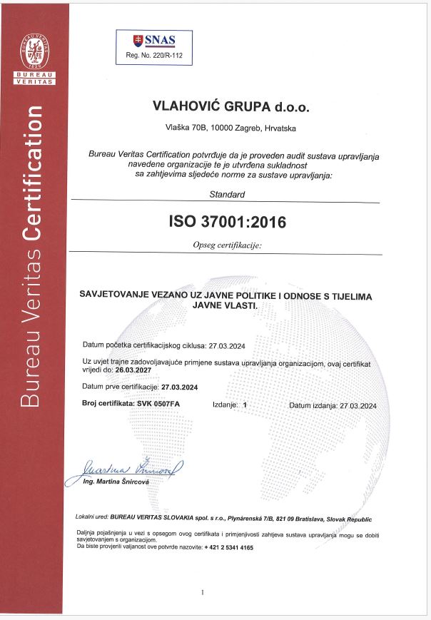 ISO 37001:2016 antibribery certificate